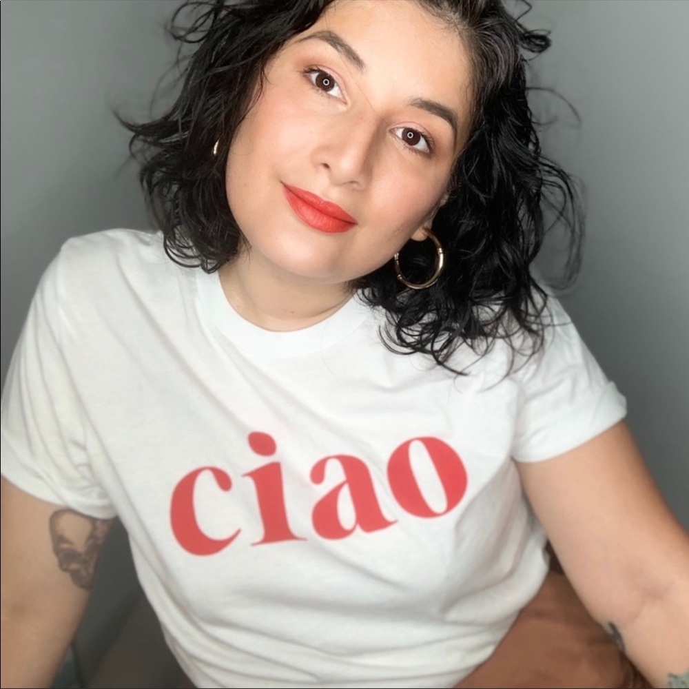 White "ciao" Short Sleeve Tee with Red Print